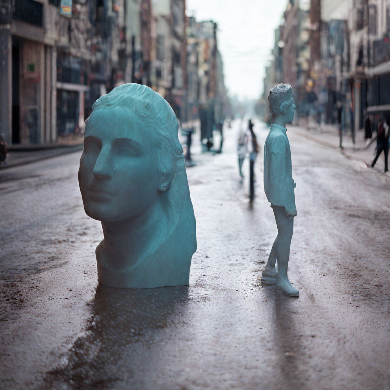 Surreal scene: oversized blue head and small figure on wet city street