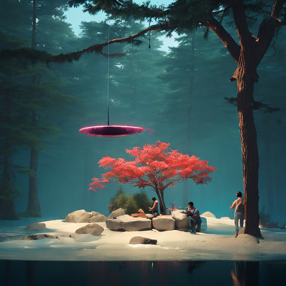 Forest scene with red tree, purple UFO, and observers by water.