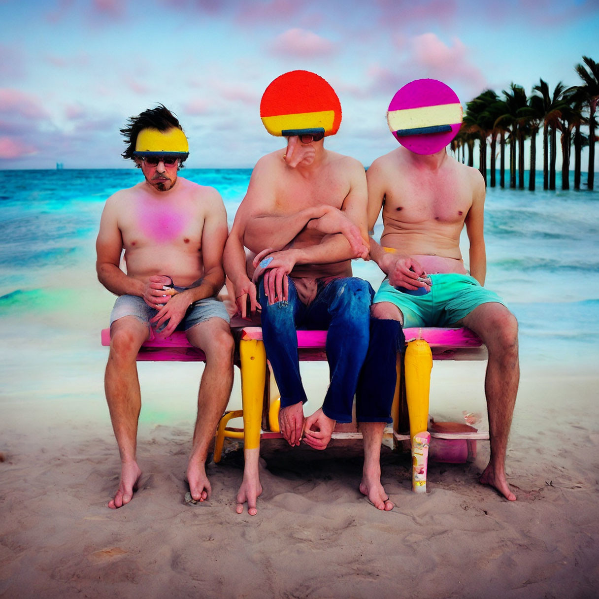 Three men with pink paint splotches on a beach bench, heads edited in bright colors