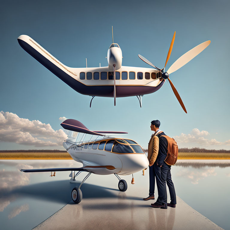 Man with backpack looking at two propeller planes on reflective surface