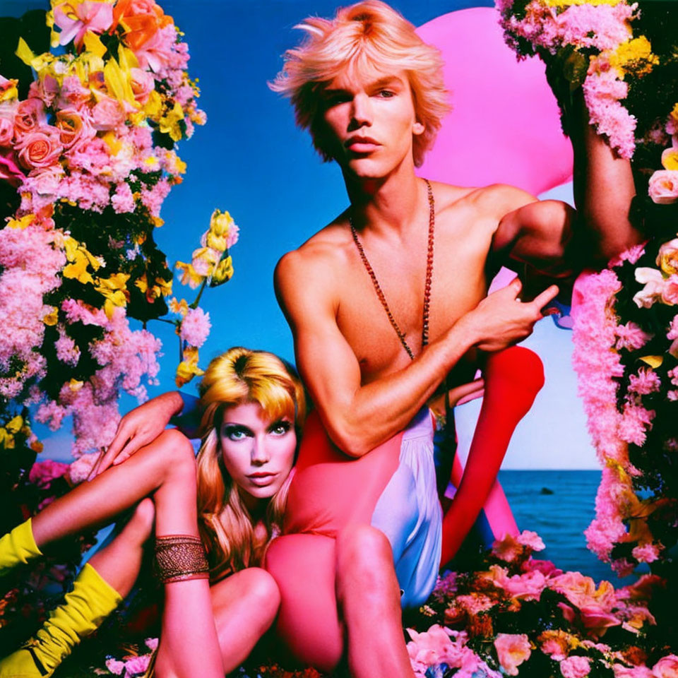 Colorful portrait of shirtless man and woman with bold makeup, retro style, flowers, and balloons