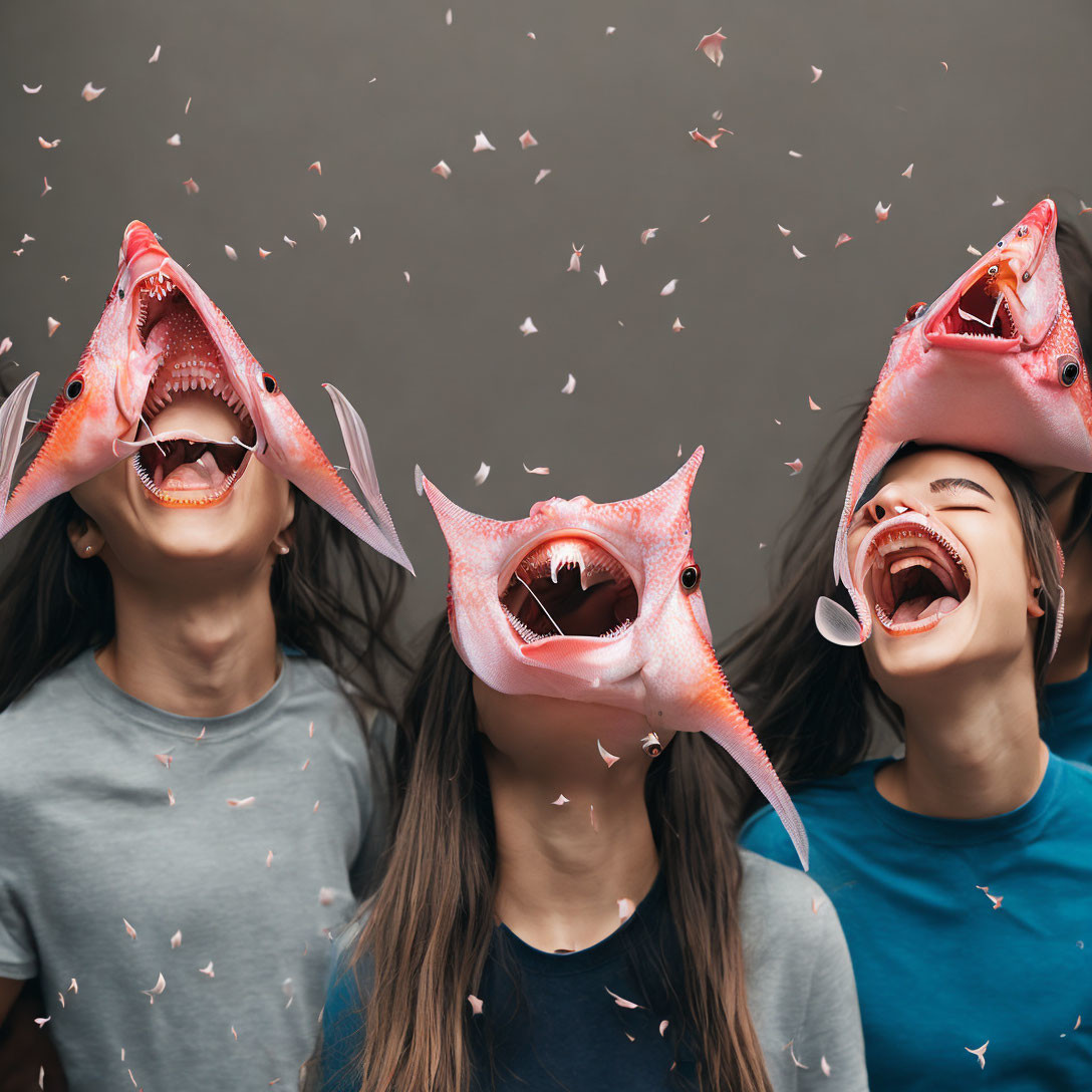 Three people wearing fish masks laughing in front of grey background with confetti