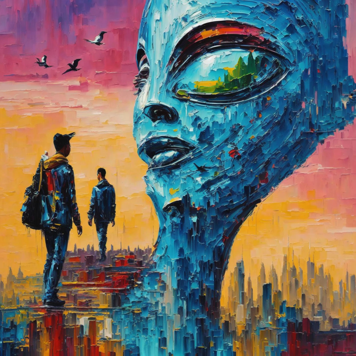 Two individuals near a towering blue alien head in a colorful cityscape with birds.