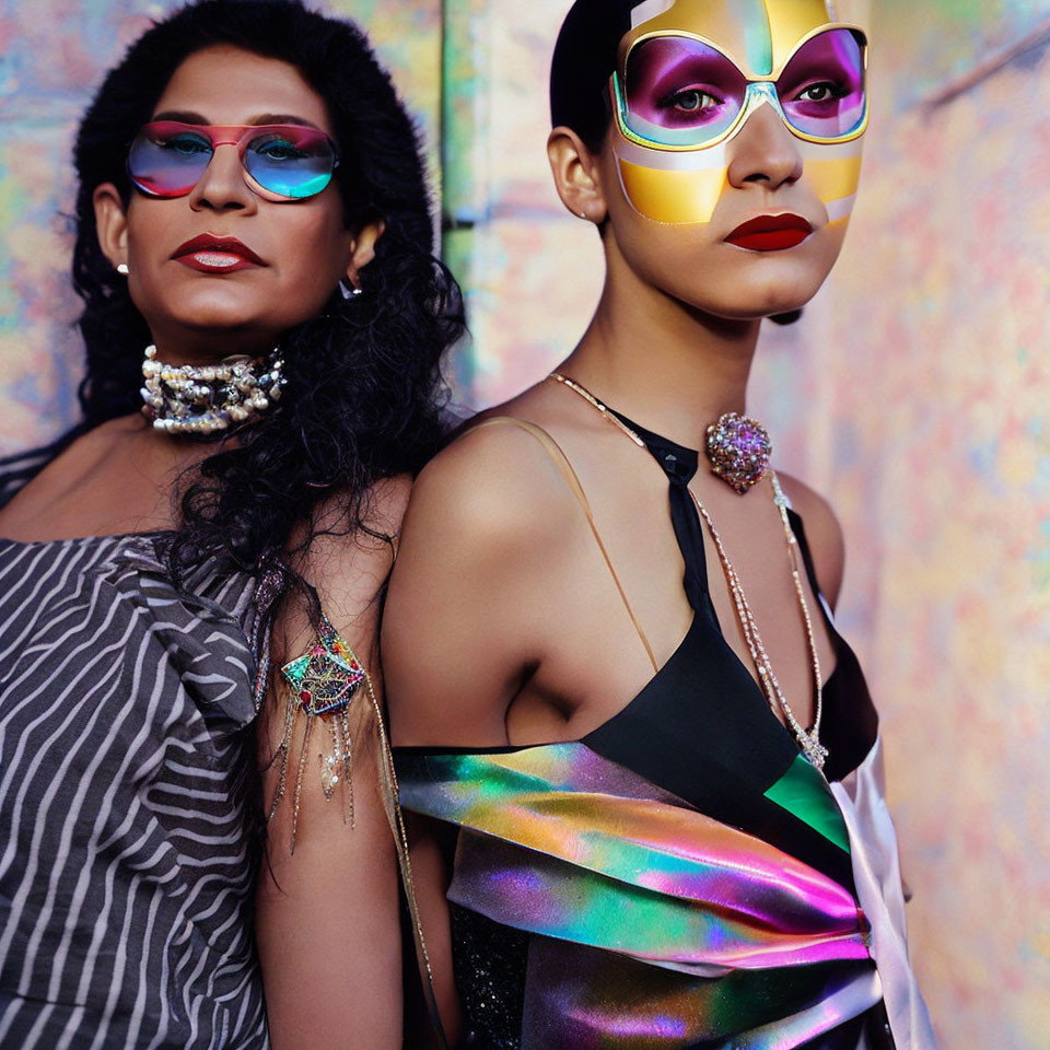 Colorful makeup and accessories on stylish individuals against iridescent backdrop