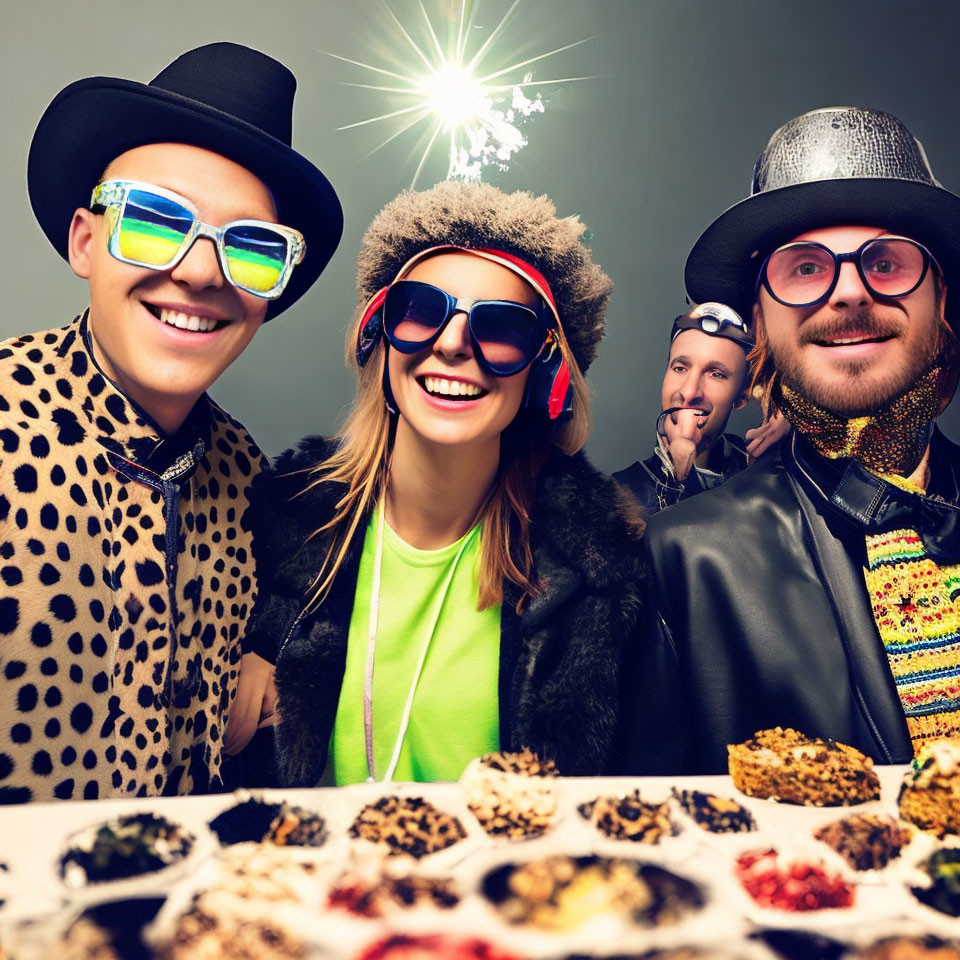 Group of four people in funky attire posing with various dishes on a table