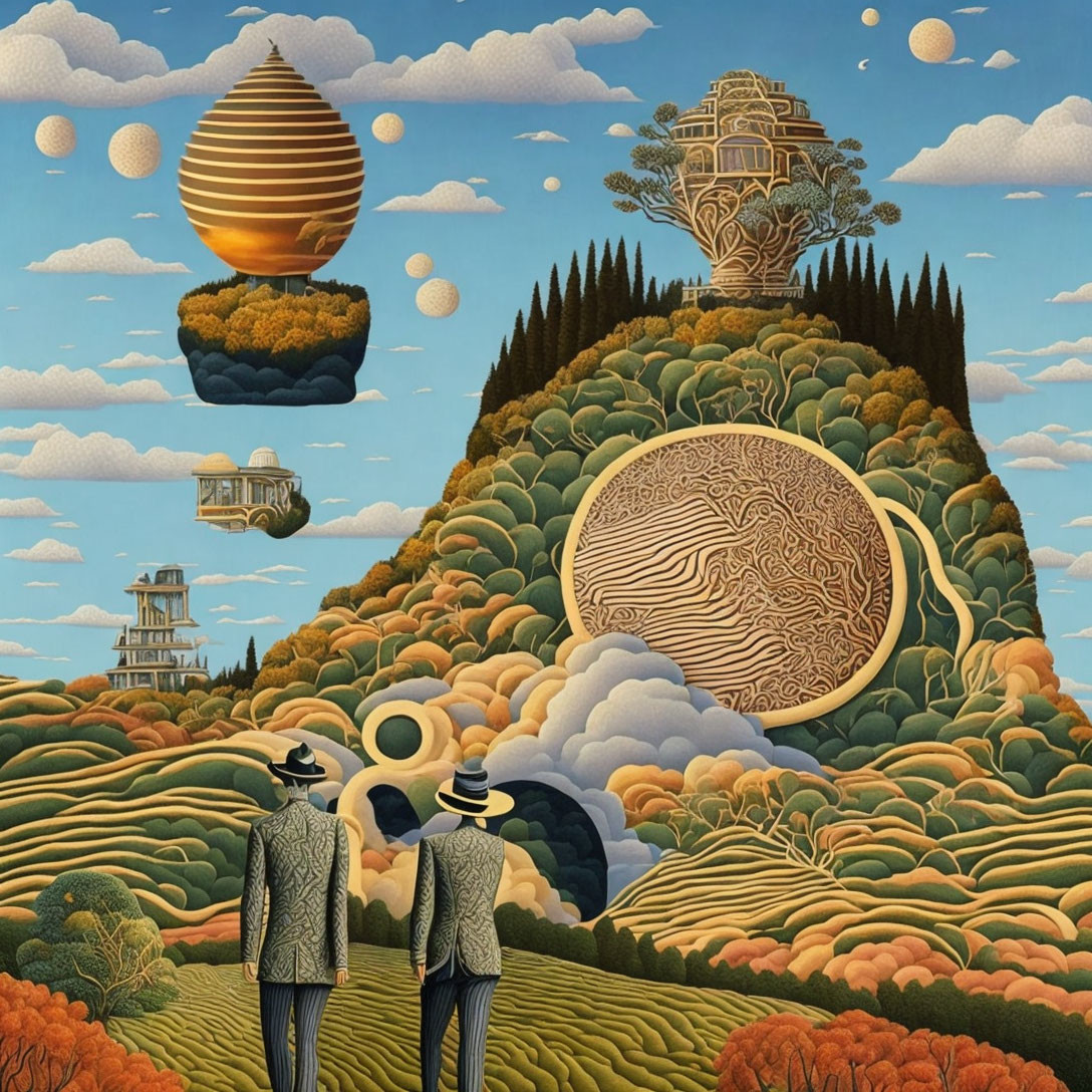 Surrealistic landscape with patterned hill, floating islands, stripe-clad figures, intricate buildings
