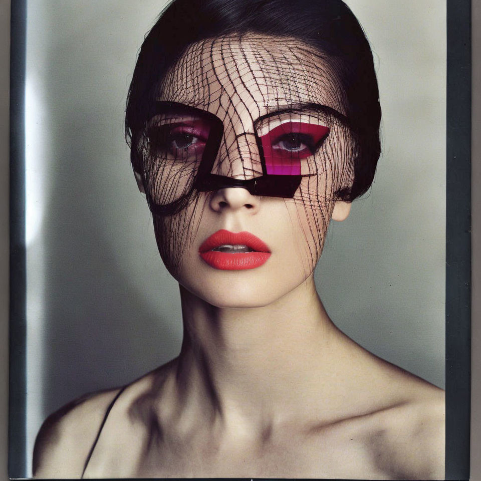 Woman with pink eyeshadow and red lipstick in black veil