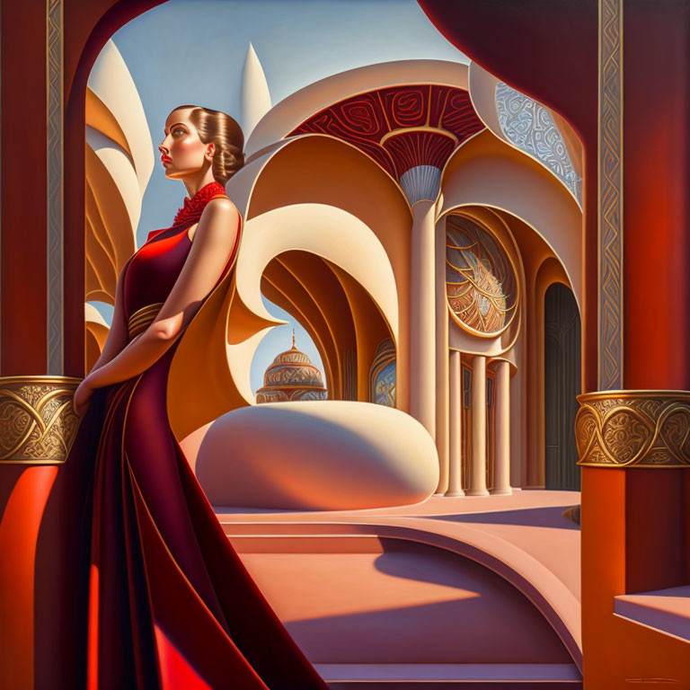 Stylized painting of elegant woman in red dress by surreal architectural structure