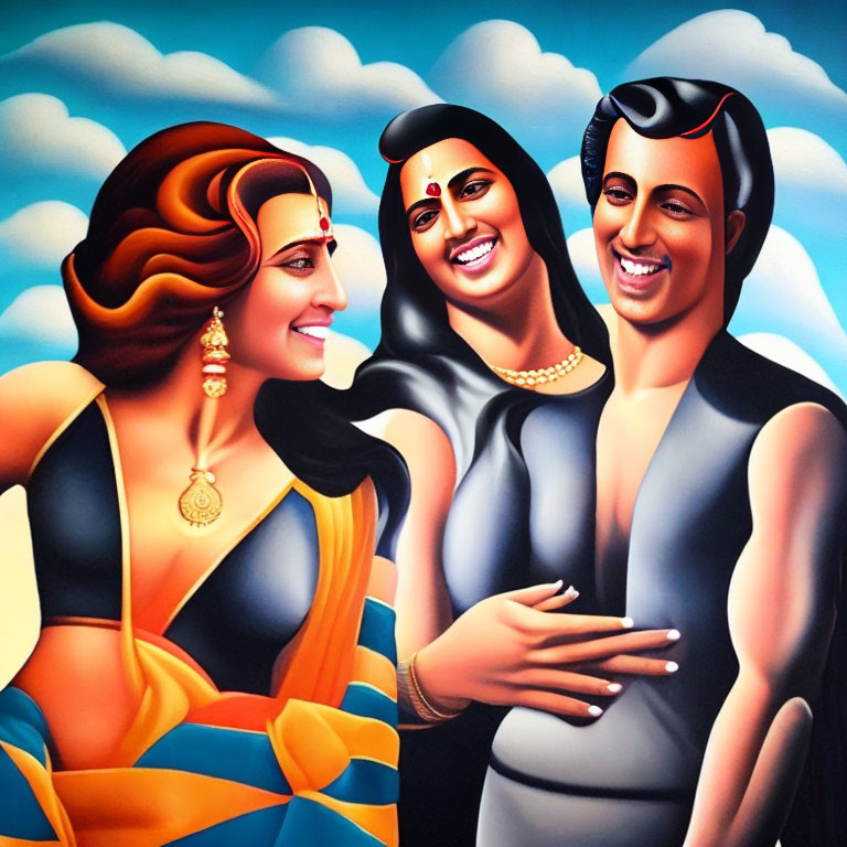 Stylized characters in traditional Indian attire with exaggerated smiles on cloud backdrop