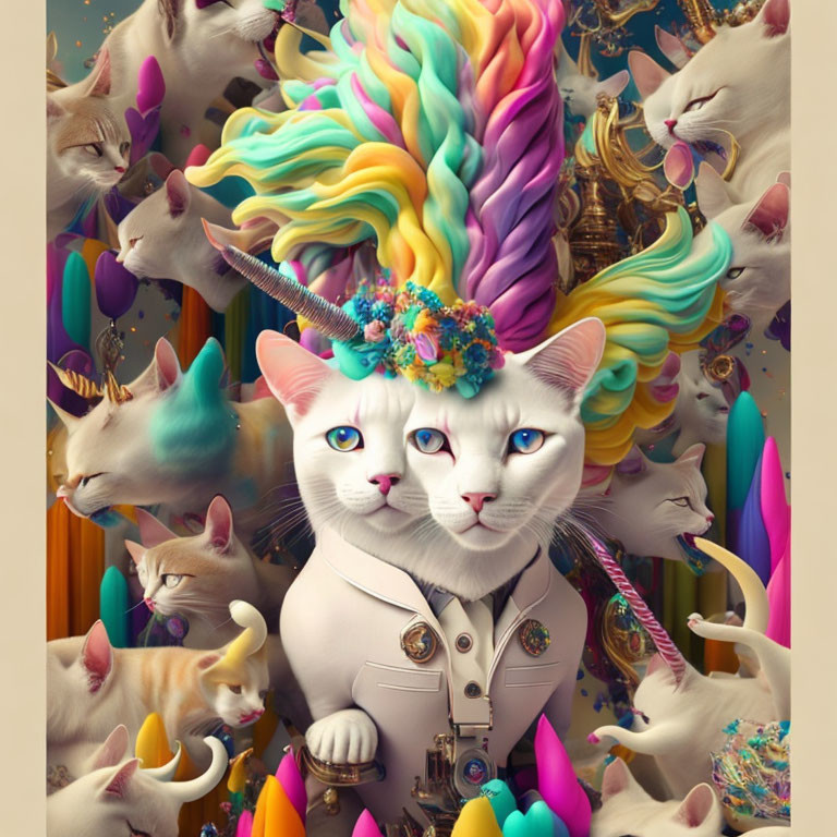 Colorful Cat Unicorn with Playful Feline Friends and Ice Creams