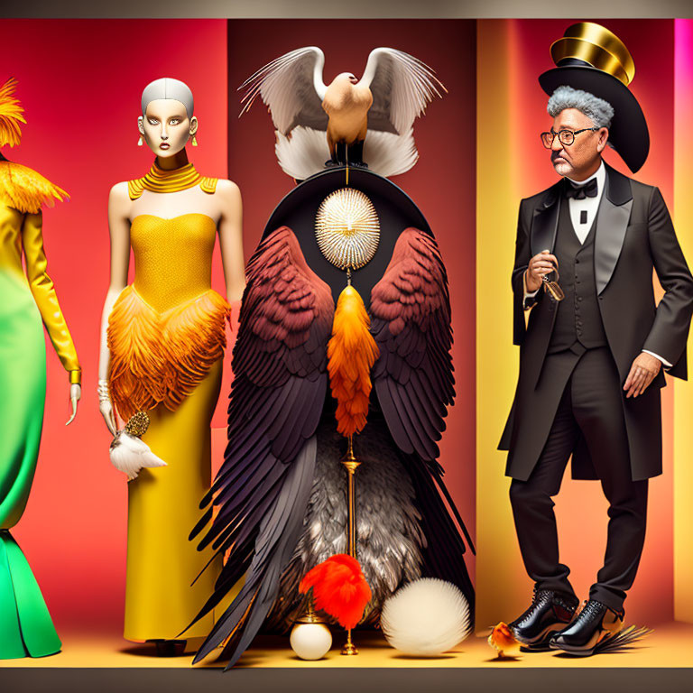 Stylized figures: woman in yellow dress, bird-human hybrid, man in tuxedo,