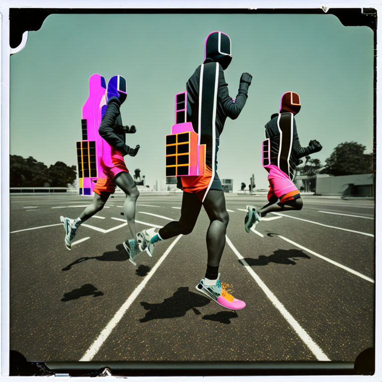 Vibrant stylized runners sprinting on urban track