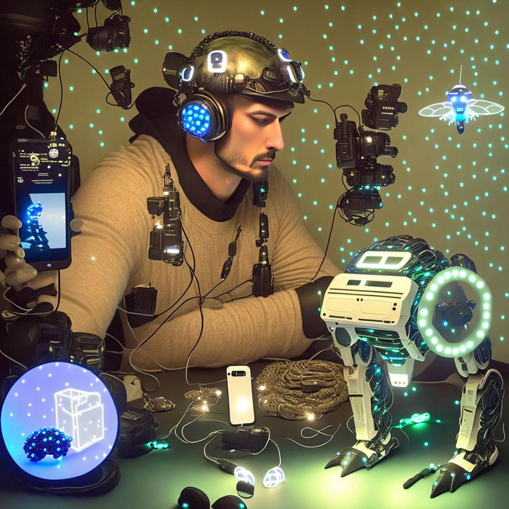 Man with futuristic gadgets, drones, and robot in high-tech setting