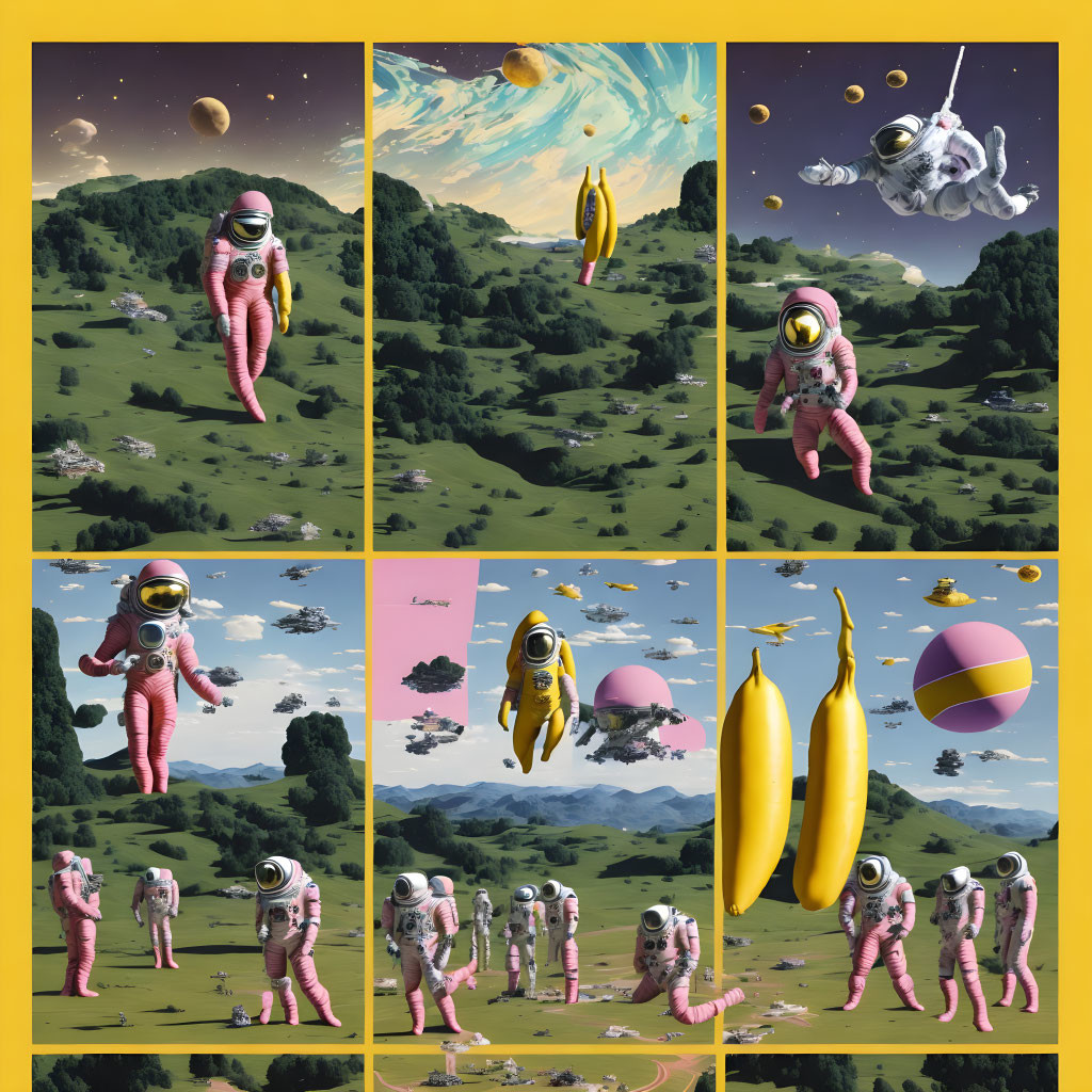 Surreal astronaut collage with oversized bananas in playful scenes