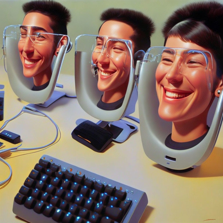 Three 3D-rendered smiling faces behind shields with keyboard and devices.