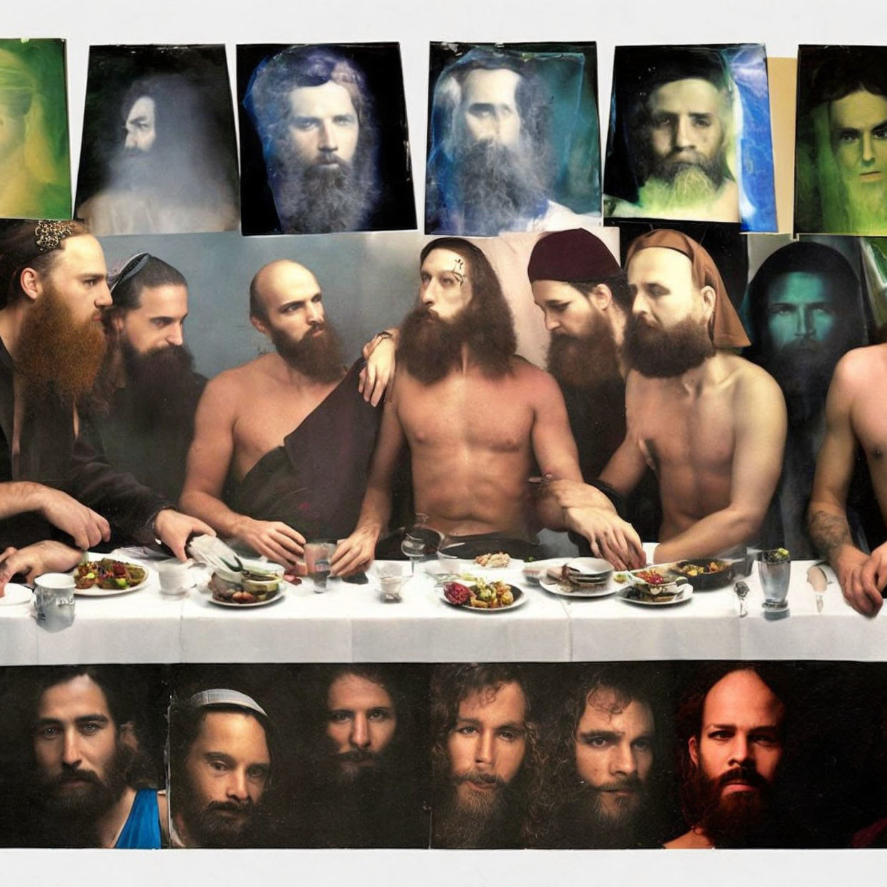 Men posing as Jesus and disciples in modern outfits with beards