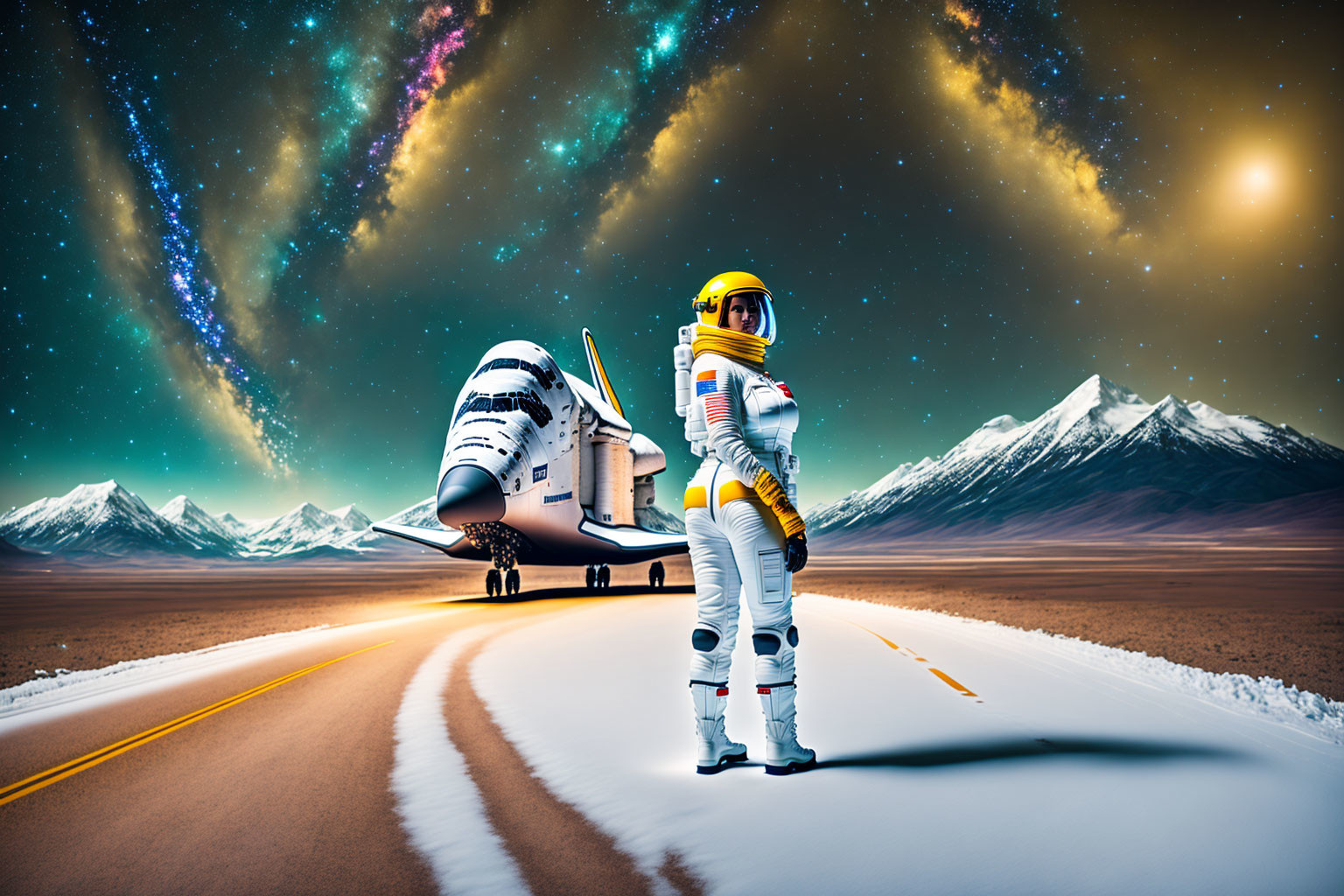 Astronaut on snowy road with space shuttle and mountains under night sky