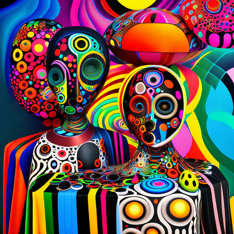 Colorful humanoid figures against abstract background - vibrant art display