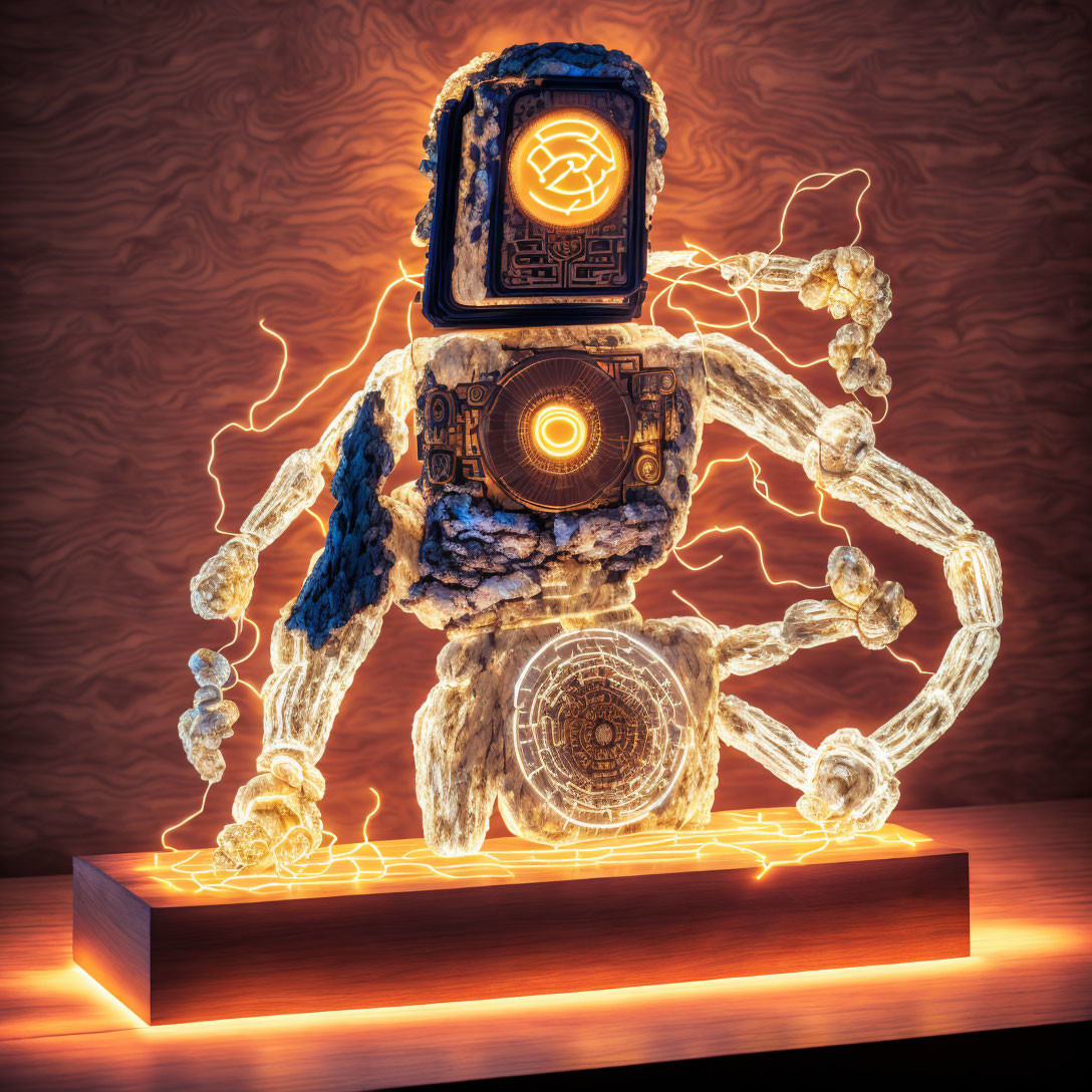 Glowing rocky figure with electrical energy on platform