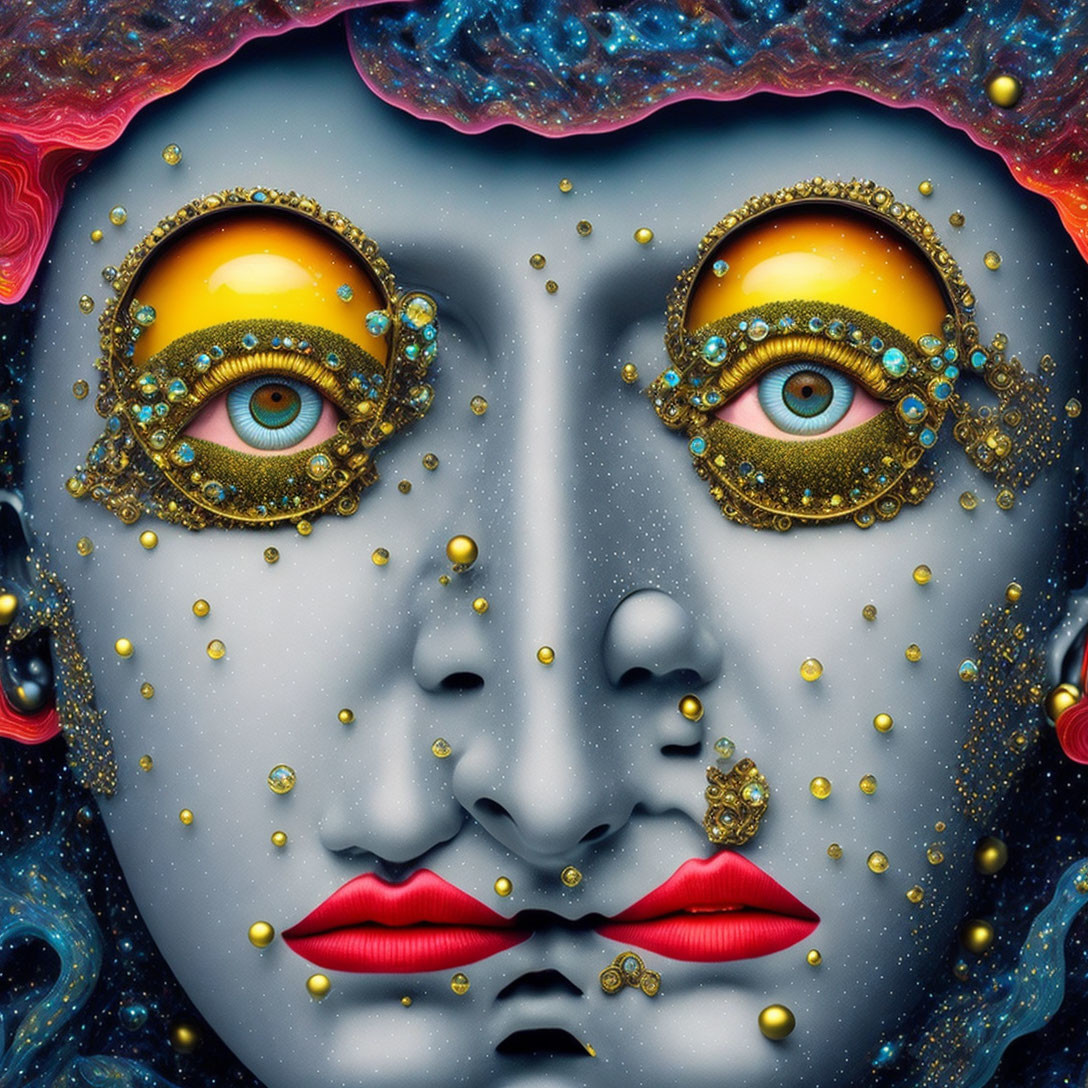 Cosmic-themed surreal digital art with vibrant eyes and jeweled lips