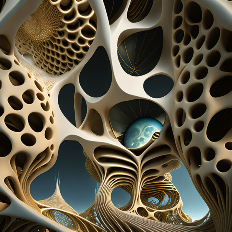 Intricate surreal fractal landscape with organic shapes and planet-like sphere