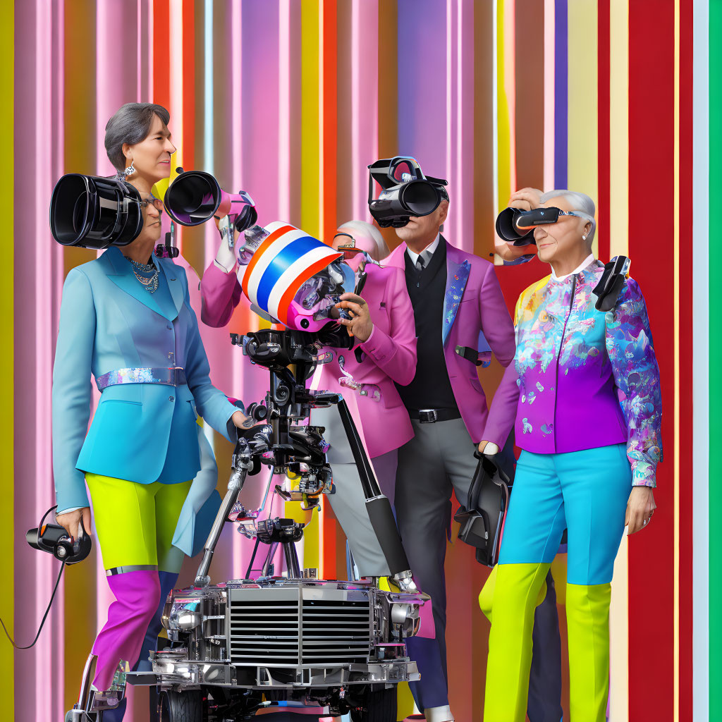 Four stylish individuals with VR headsets on vibrant striped background.