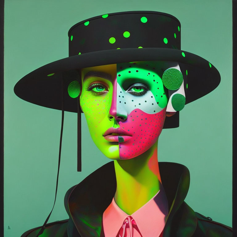 Female subject with polka-dotted wide-brimmed hat in vibrant green and pink tones.