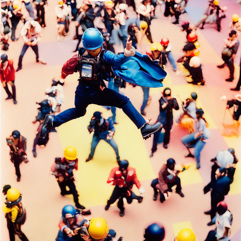 Person in Blue Overalls and Helmet Suspended Mid-Air Above Crowd on Pink Floor