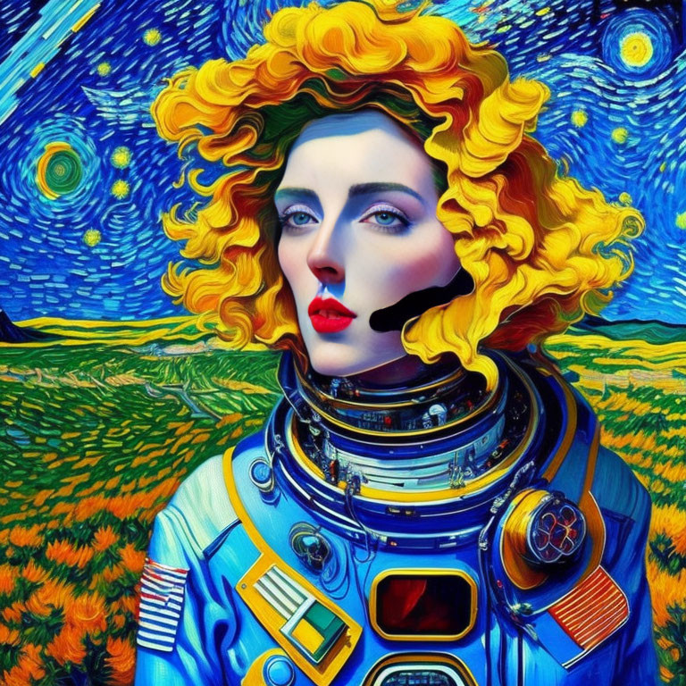 Digital Artwork: Van Gogh's "Starry Night" with Astronaut and Cosmic Background