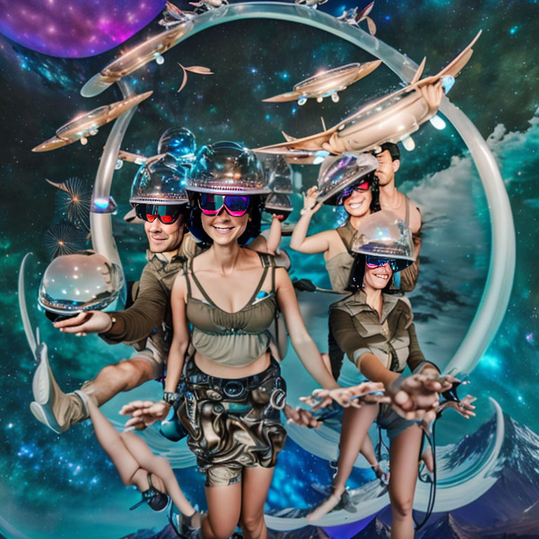 Futuristic stylized people in virtual reality glasses with surreal space backdrop