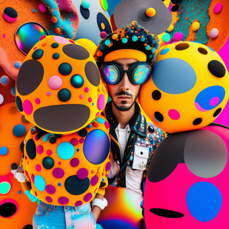 Colorful Outfit and Sunglasses on Mustached Person with Polka-dot and Abstract Background