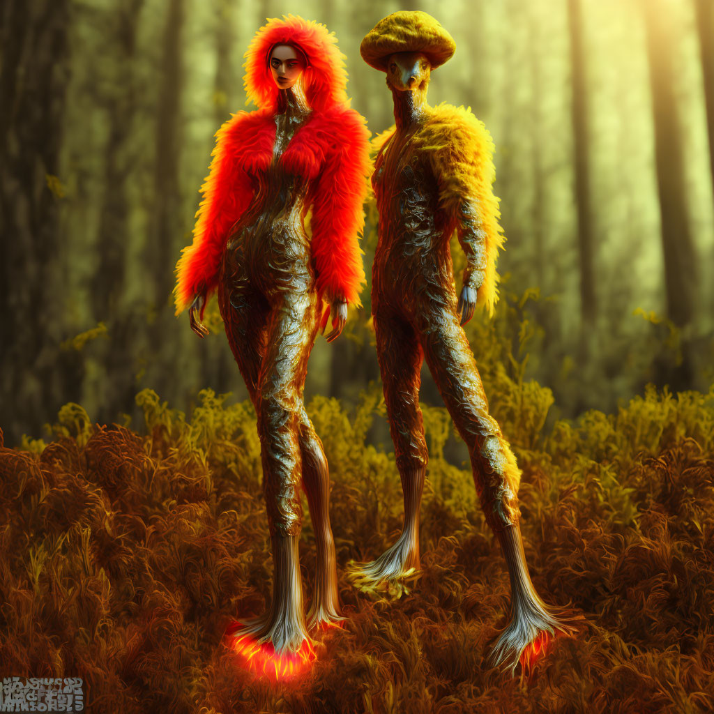 Stylized humanoid figures with elongated limbs and bird-like feet in vibrant orange and yellow feathers in