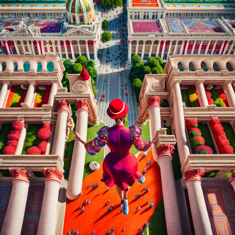 Woman in red hat walking tightrope between colorful buildings