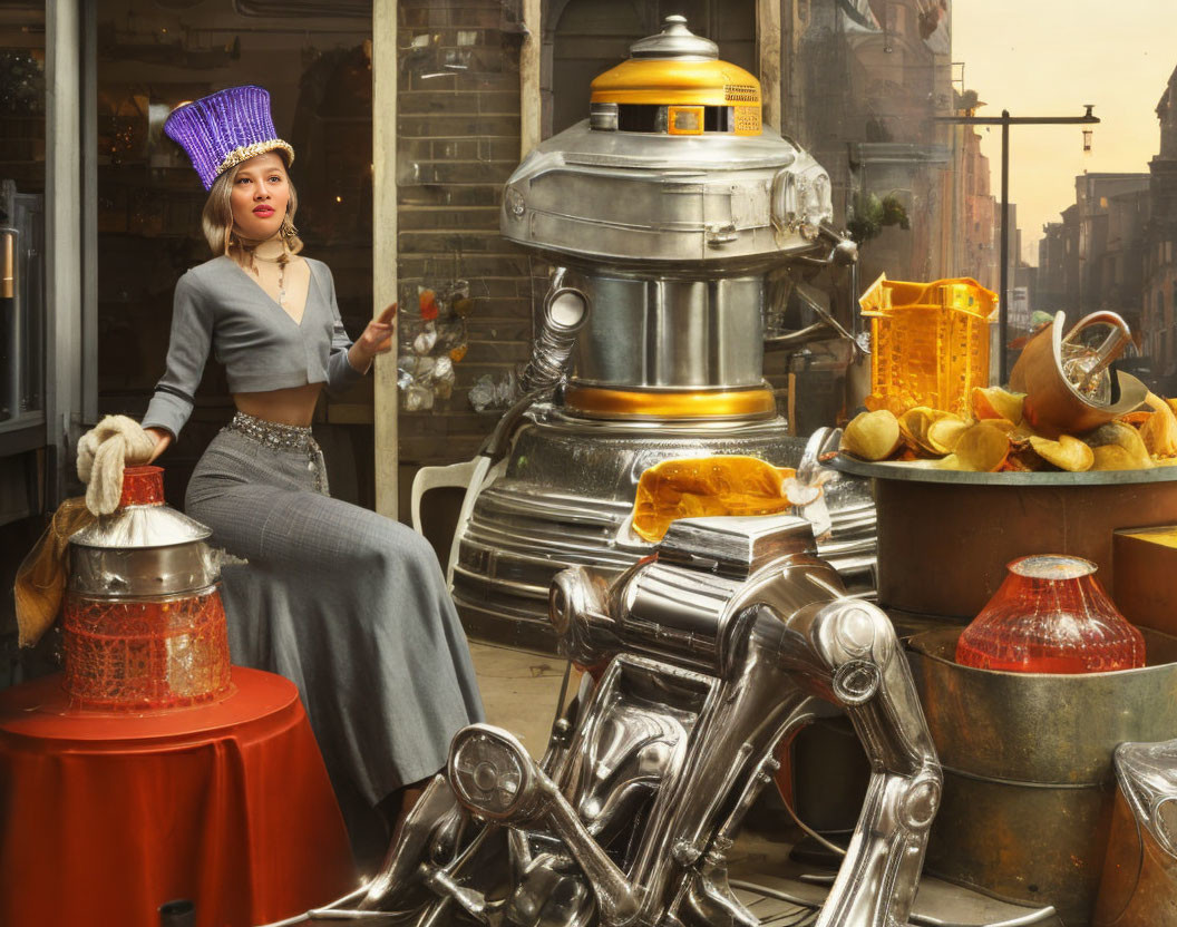 Futuristic woman with robot chef in urban street scene