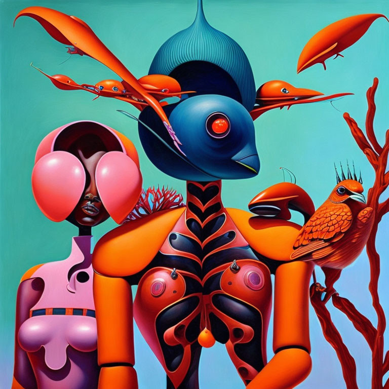 Vibrant surreal painting with colorful humanoid and hybrid creatures