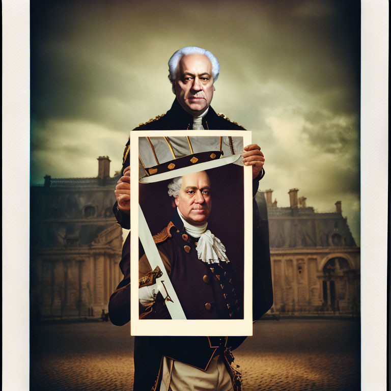 Historical costume man holds framed portrait for recursive effect