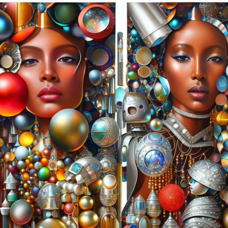 Colorful digital artwork of two stylized female faces with futuristic motifs and spheres.