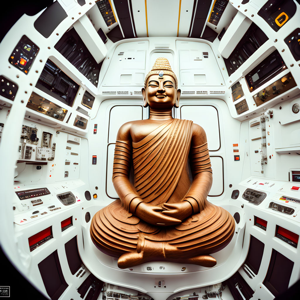 Large Buddha Statue in Meditative Pose Inside Spaceship Cockpit