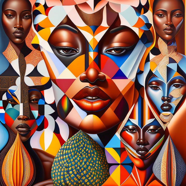 Abstract Cubist Art: Colorful Geometric Patterns Depict Women's Faces