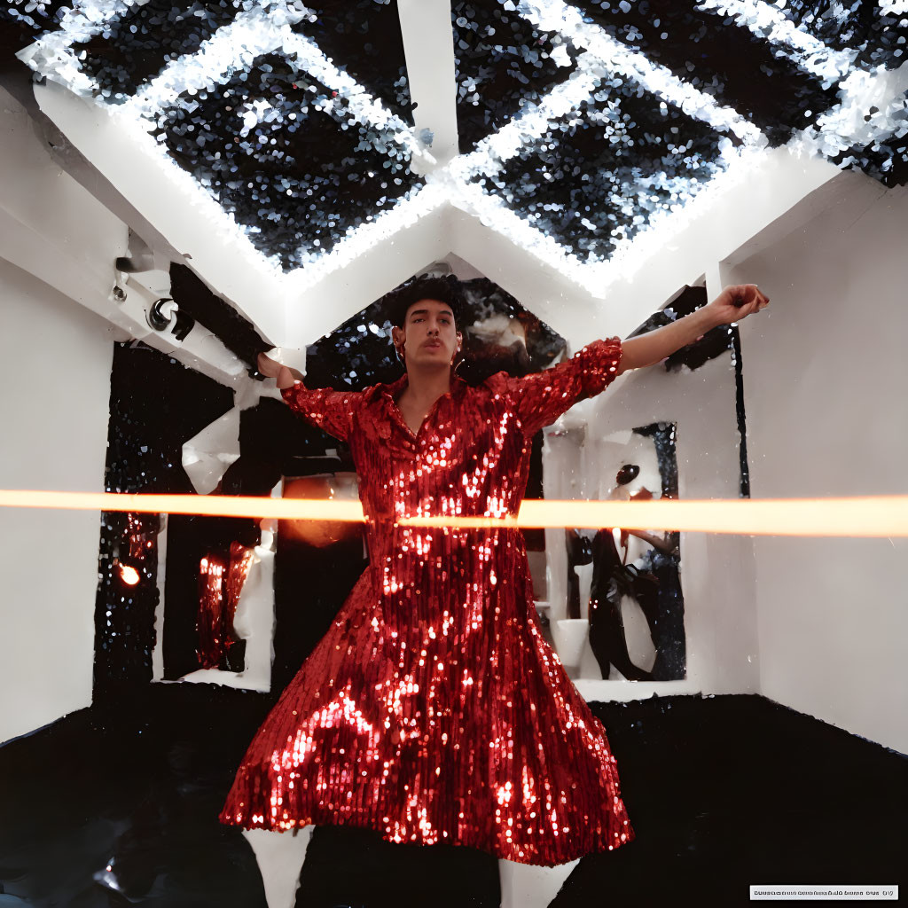 Person in Glittery Red Outfit in Room with Reflective Walls and Blue/White Lights