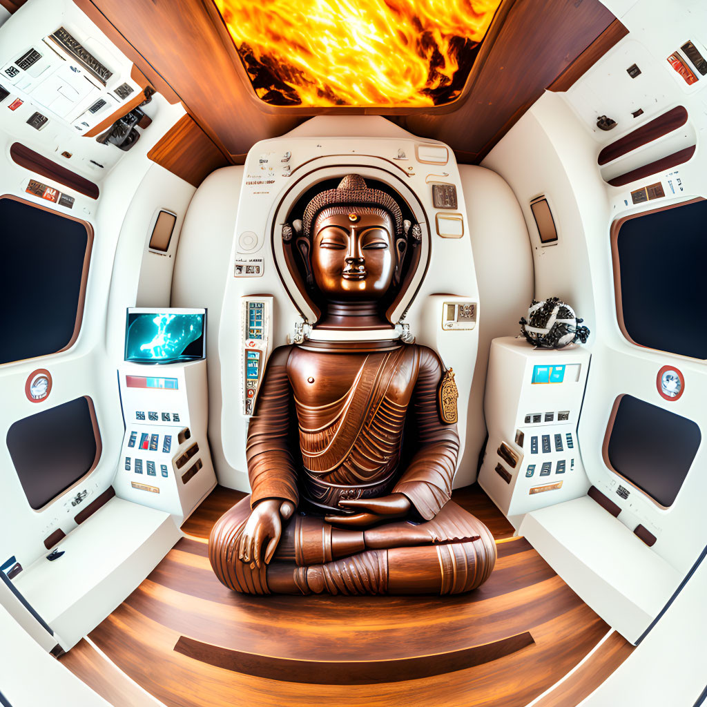 Bronze Buddha statue in futuristic spacecraft interior