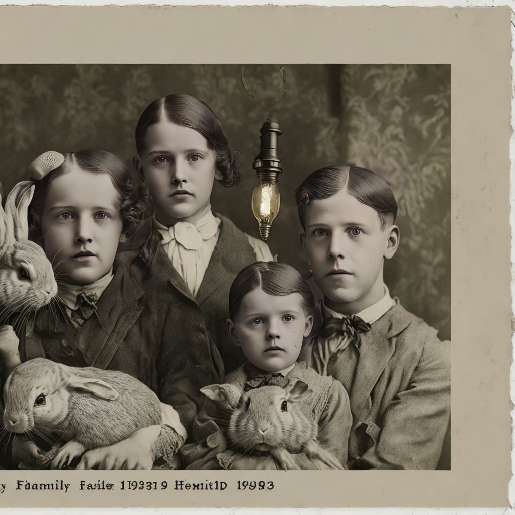 Vintage sepia photo: Three children with rabbits in ornate setting