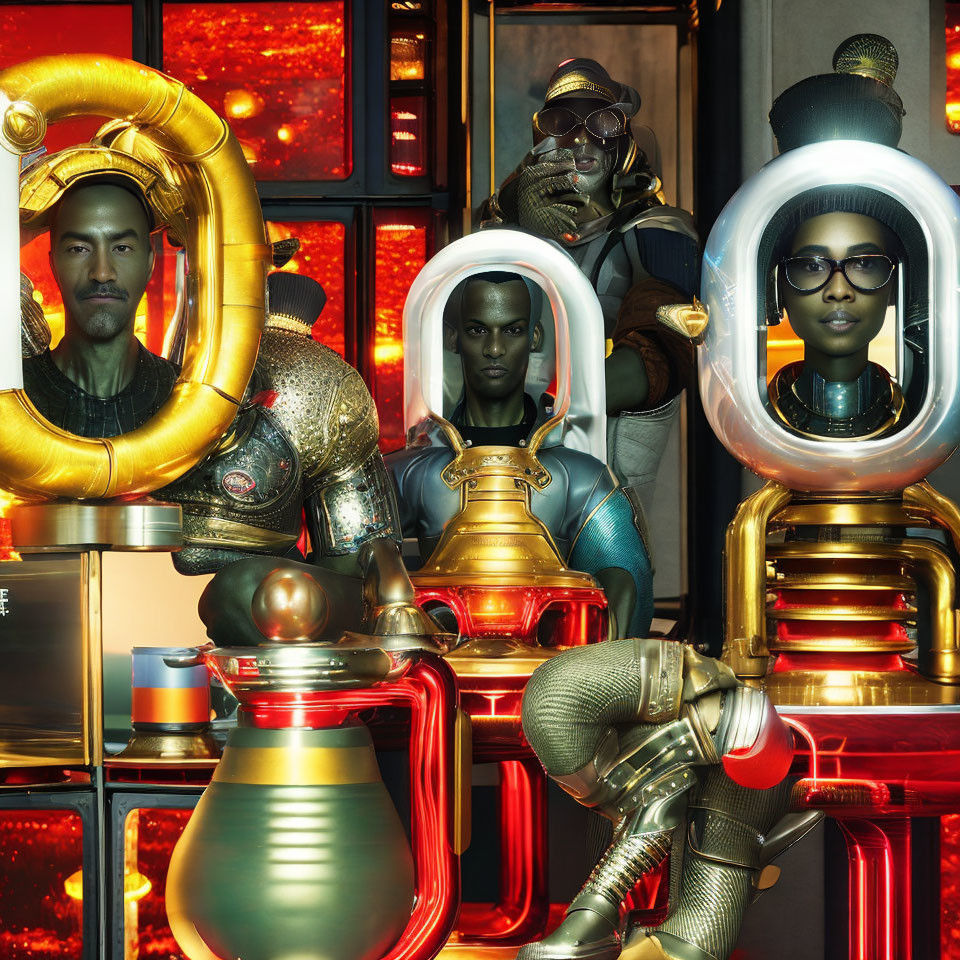 Four individuals in futuristic space suits with unique helmets against red and gold backdrop