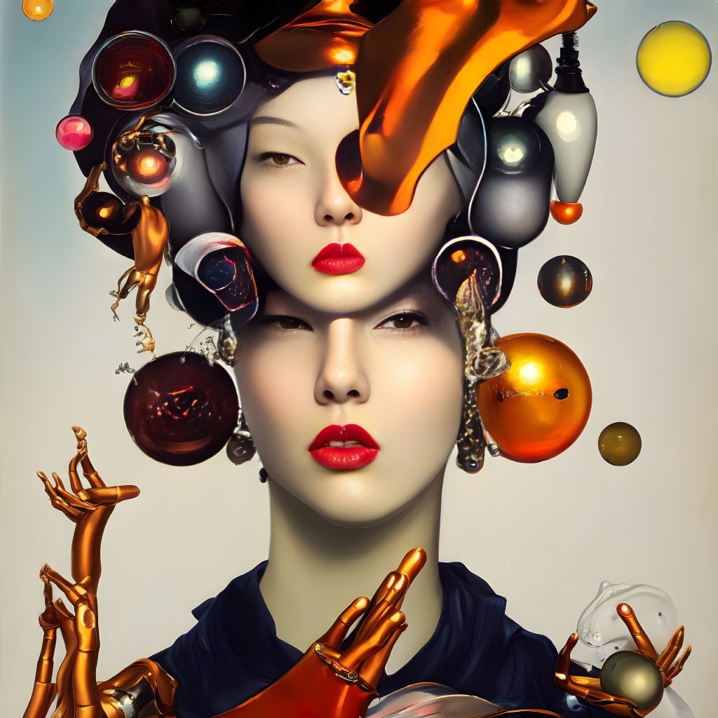 Vibrant surreal portrait of a woman with red lips and floating orbs