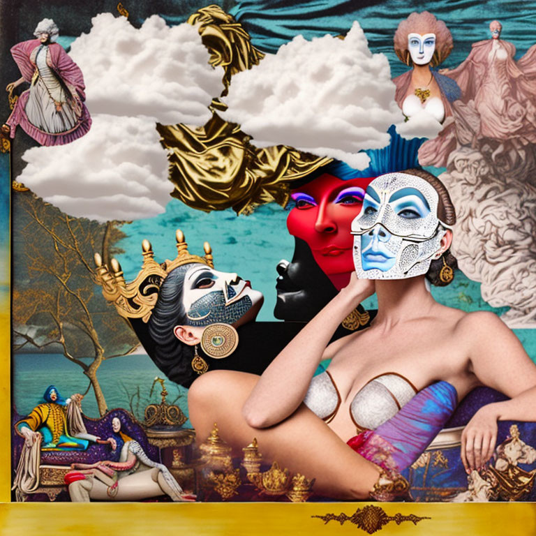 Surreal and classical elements blend in masked figures and historical themes