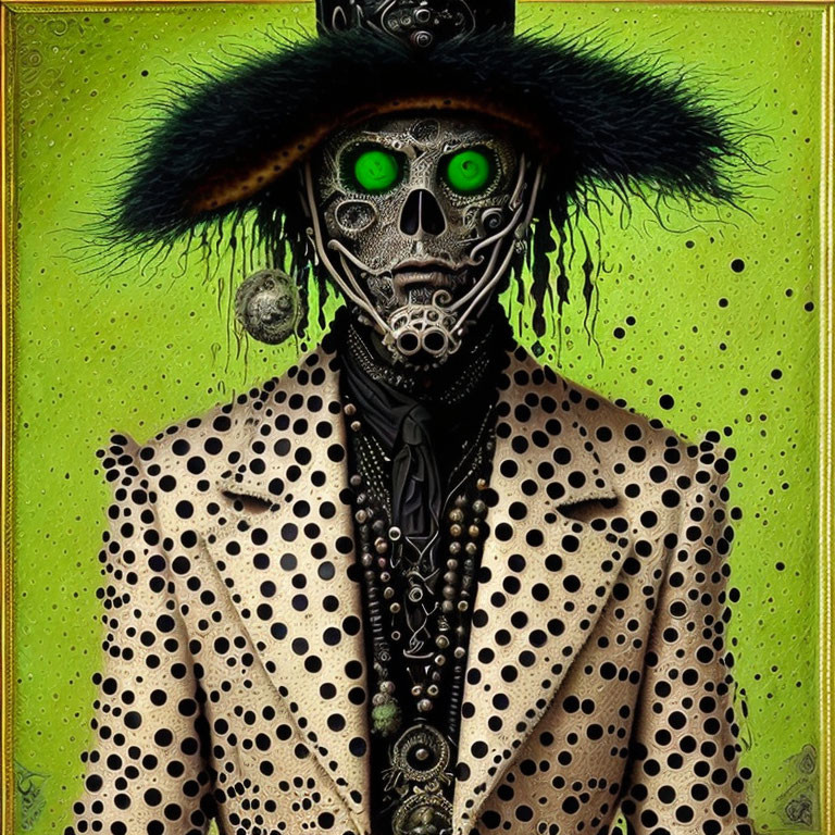 Digital artwork of humanoid figure with skull face, green glowing eyes, feathered hat, beaded neck