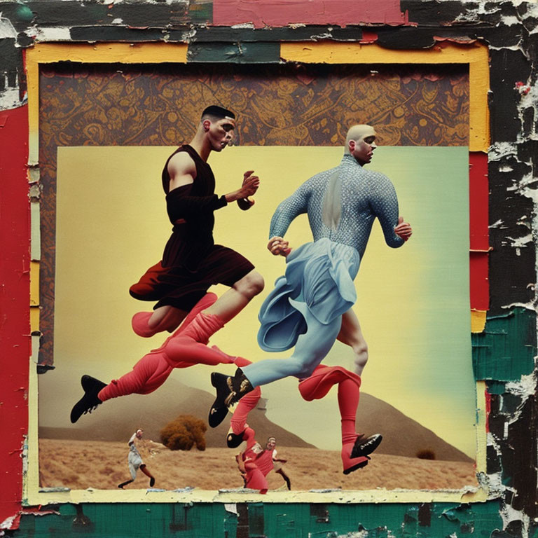 Men leaping in desert backdrop with patterned frames in red and blue outfits