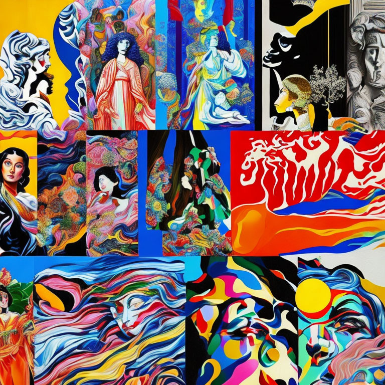 Vibrant collage of artistic women with abstract patterns & classical influences