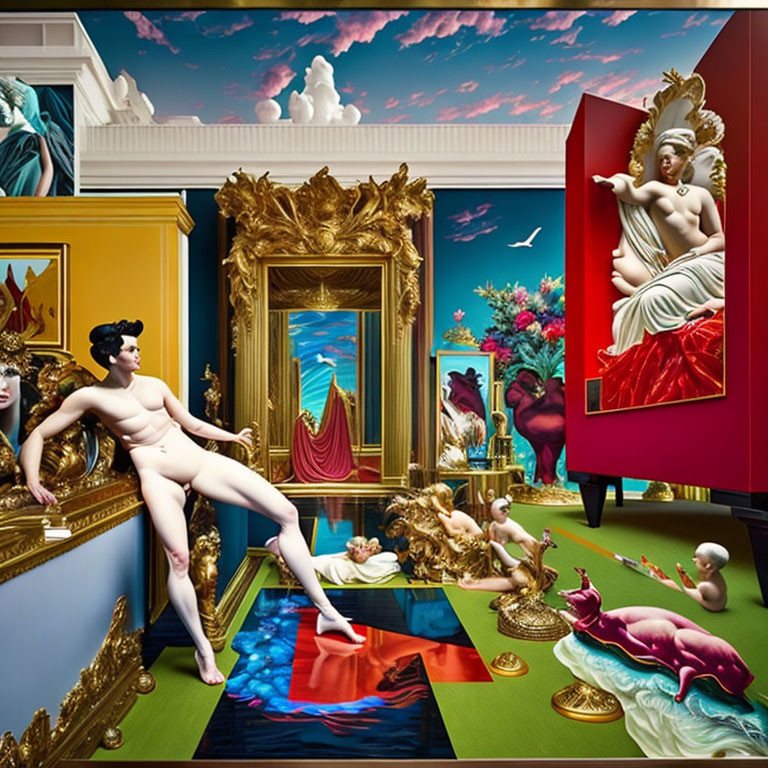 Surrealist room blending classical and modern elements