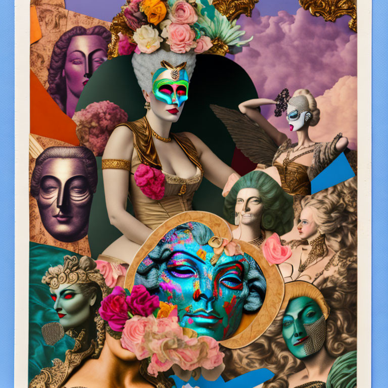 Colorful classical and theatrical collage with masked figures and ornate frames